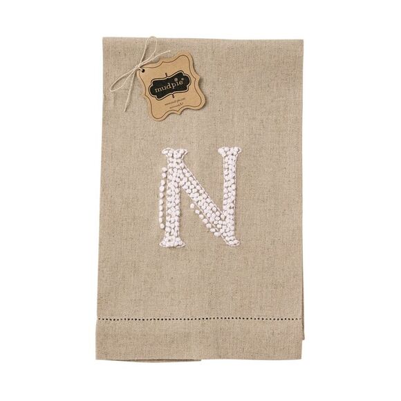 Mud Pie Initial N Monogram Hand Tied French Knot Linen Guest Towel 21 Inch - Picture 1 of 4